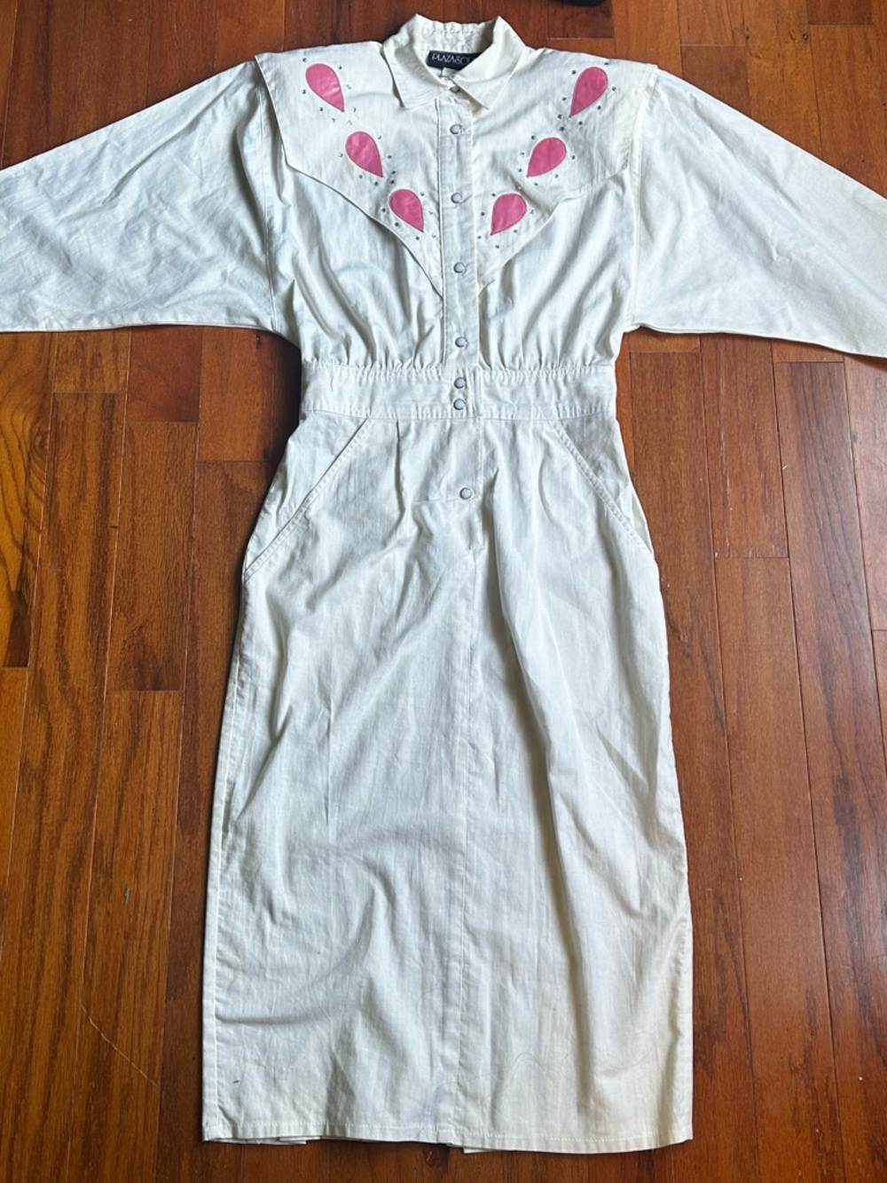 Vintage White Midi Dress with Pink Teardrop Yoke